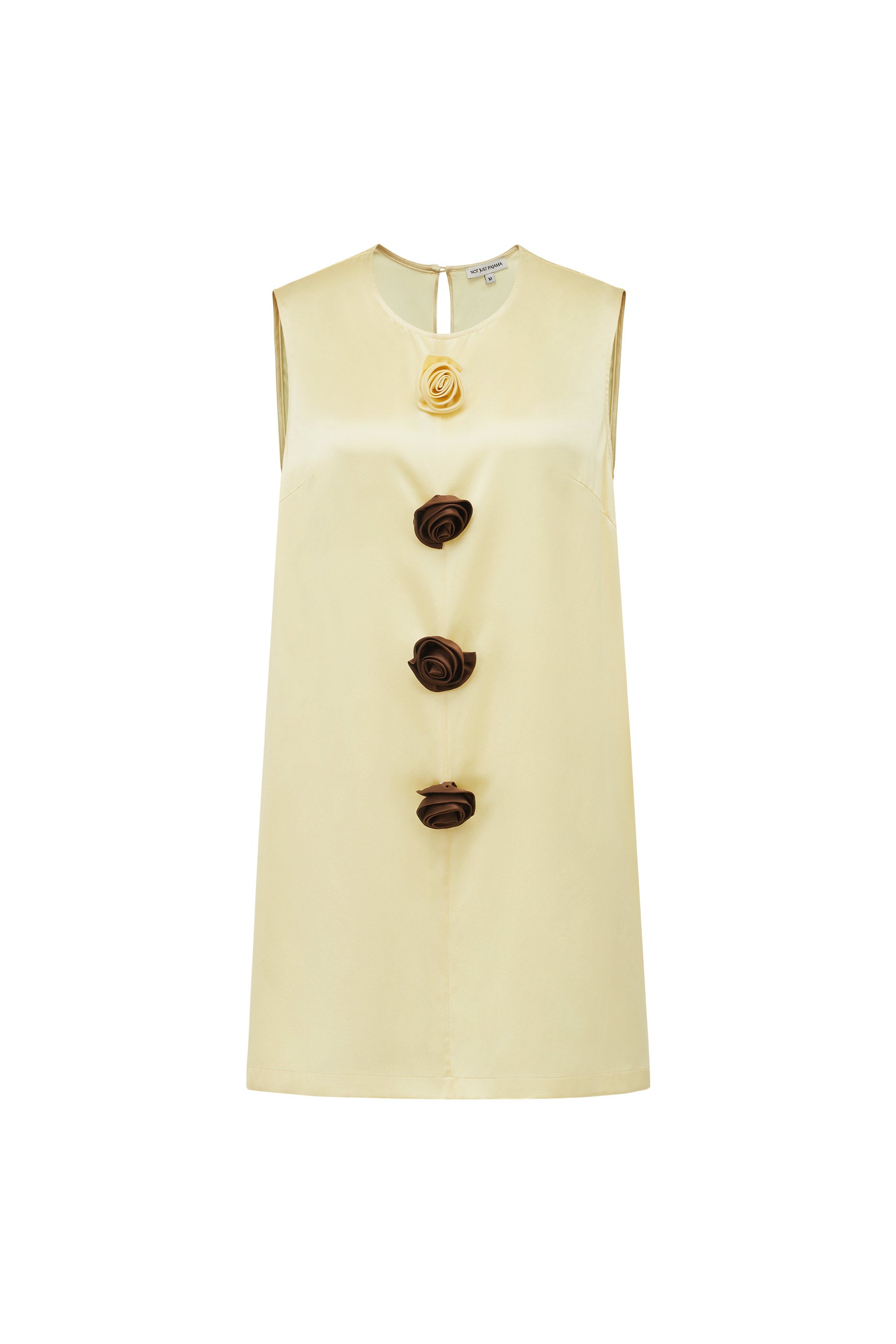 Tuscan Bloom Sleeveless Silk Shift Dress – Elegant Silk Dress with Handcrafted Flowers, Yellow / XL