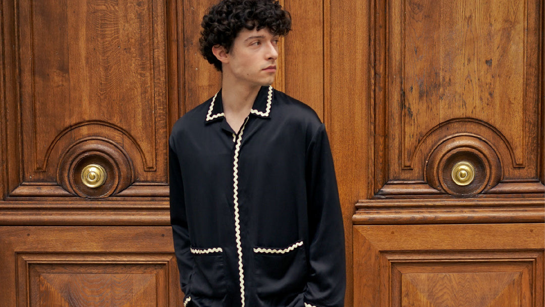 male model in mulberry silk pajamas, elegant luxury sleepwear for men