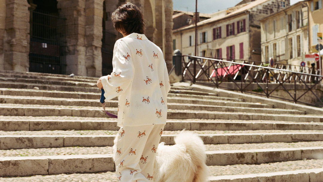 Woman wearing mulberry silk pajamas outdoors