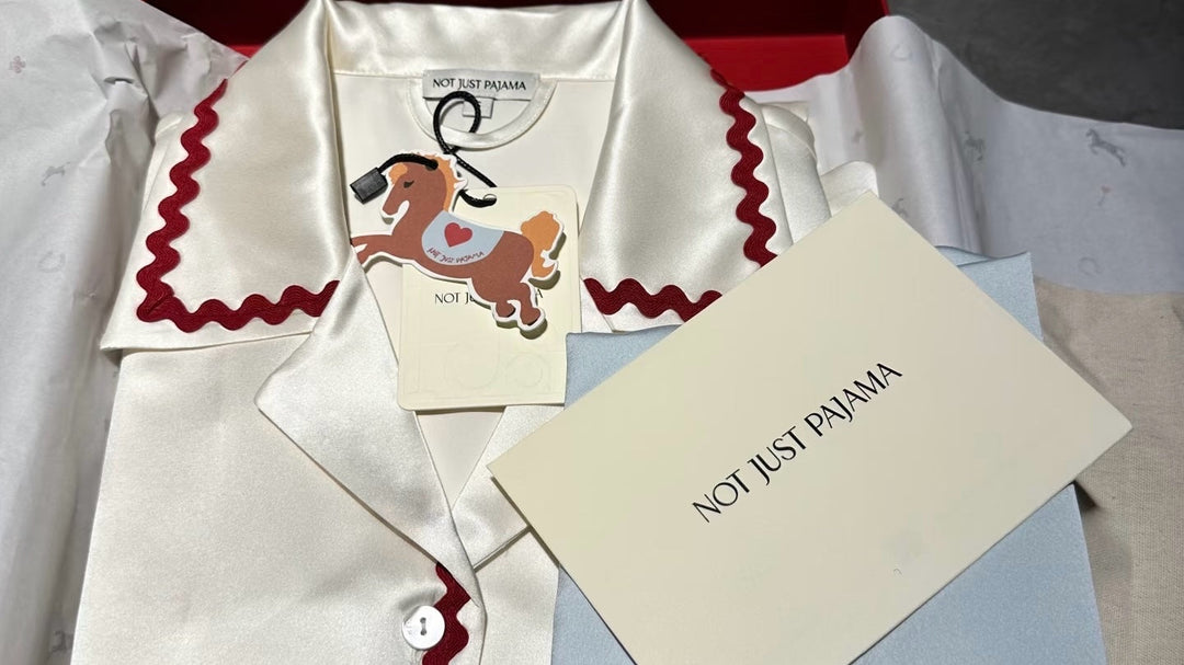 Mulberry silk pajama set with gift packaging and card, elegant Mother's Day present
