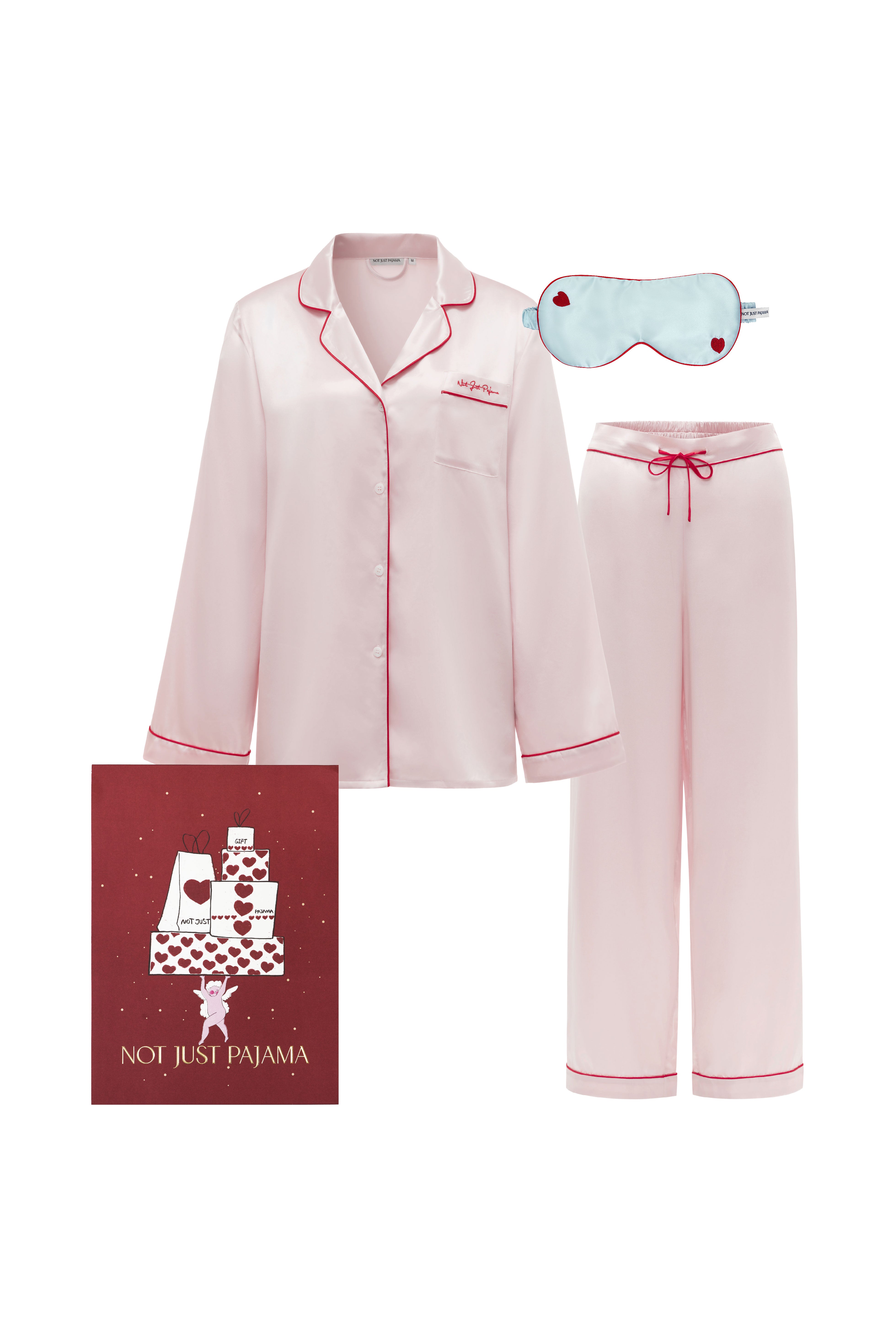 Love in Silk Gift Set | Classic Little Heart Pajama Set & Eye Mask - Multi Colour-Gift Sets-Not Just Pajama
