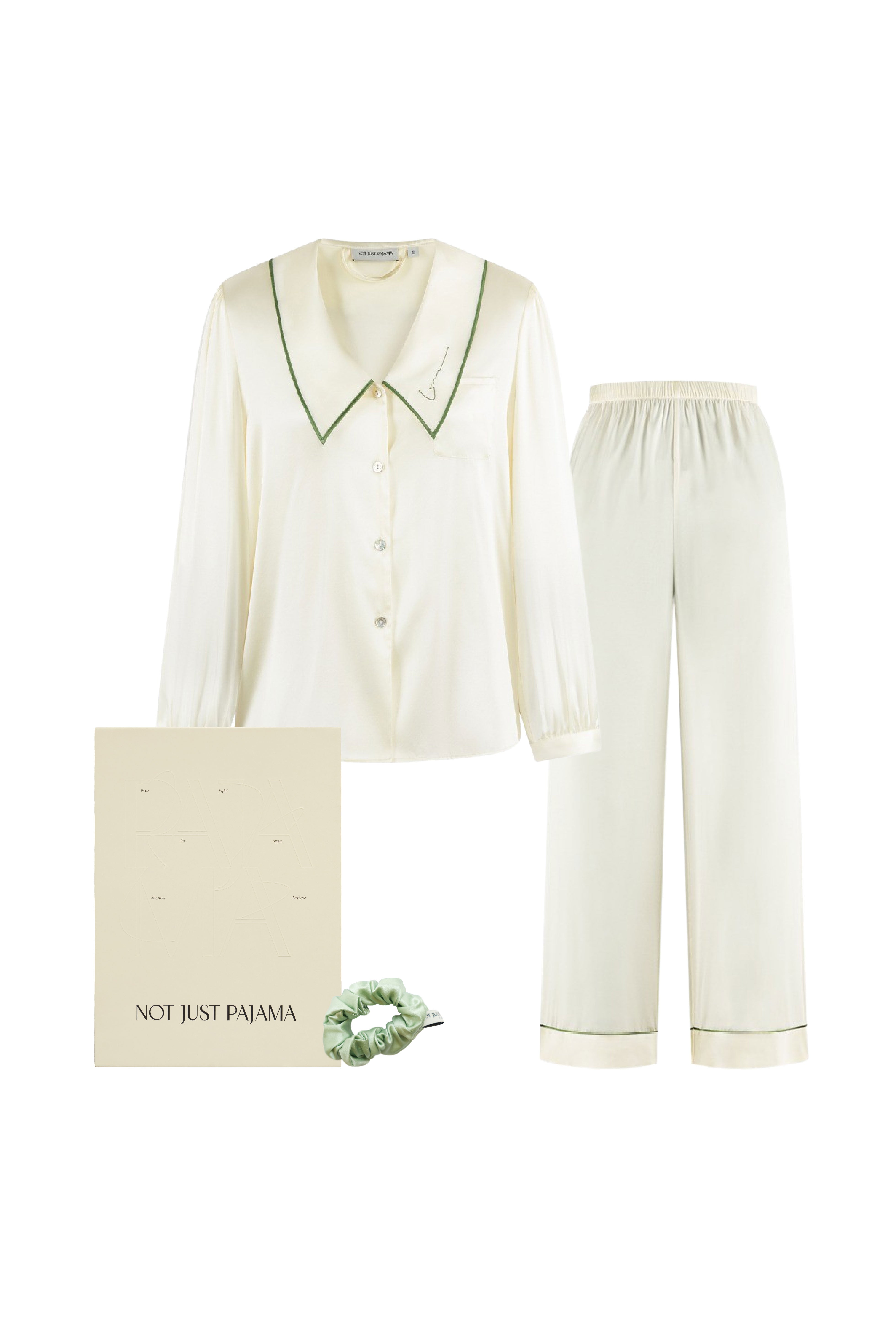 Christmas Spirit Silk Set | French Style Silk Long Set & Matching Scrunchie-Gift Sets-Pearl White-S-246+21ARS114-186-Not Just Pajama