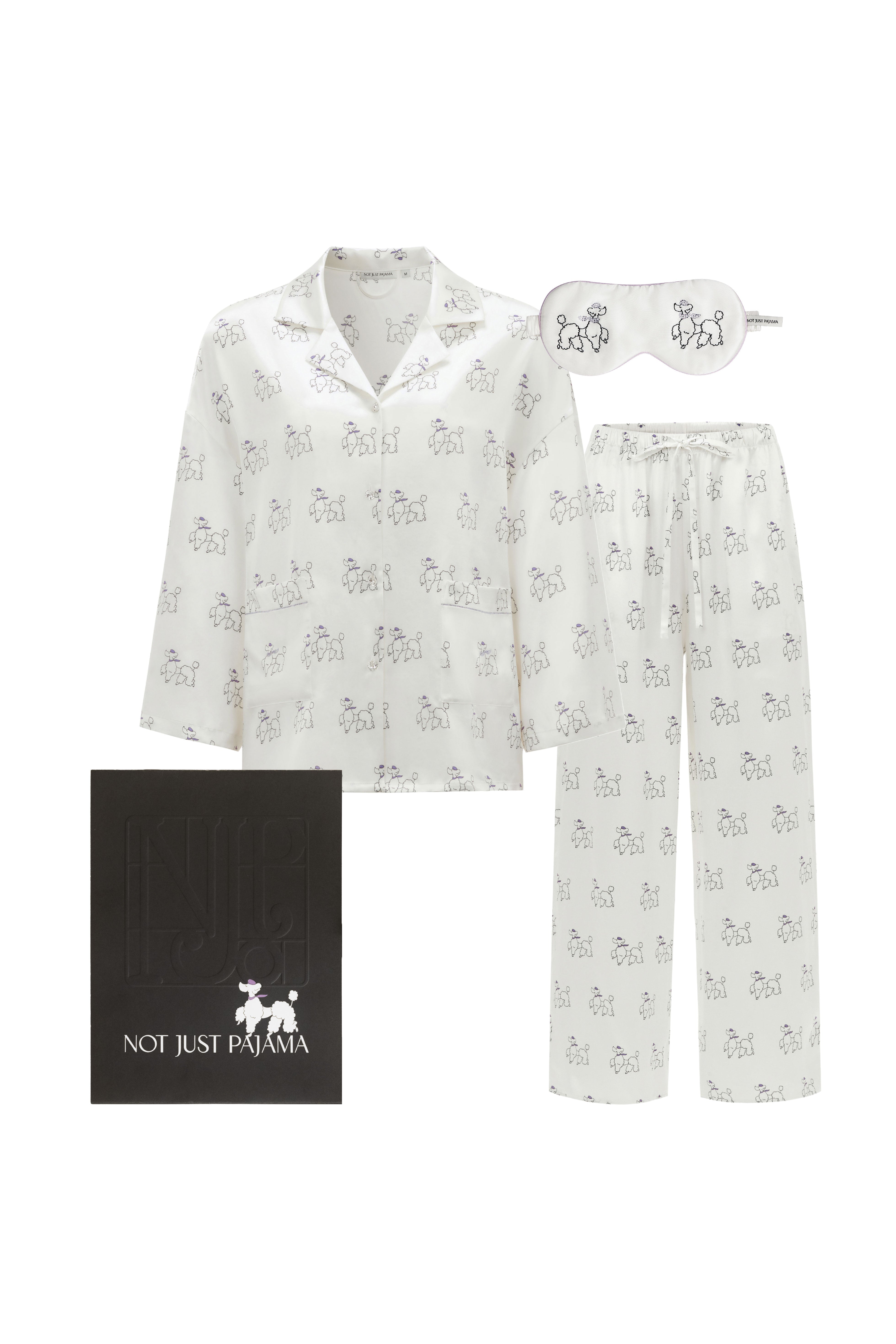 Animal Lover Box | Puppy Edition Diamond Poodles Silk Long Pajama Set & Sleeping Eye Mask-Gift Sets-Pearl White-S-NJP2471A+NJP2473-Not Just Pajama