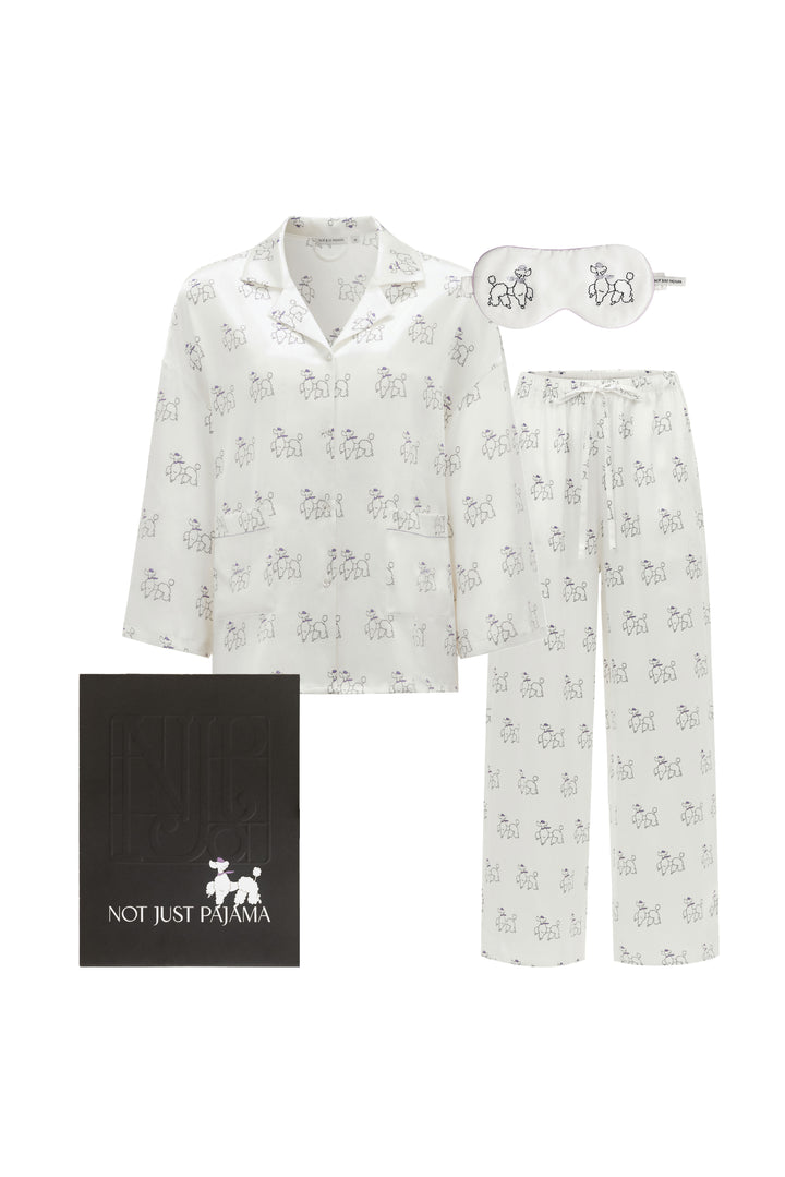Animal Lover Box | Puppy Edition Diamond Poodles Silk Long Pajama Set & Sleeping Eye Mask