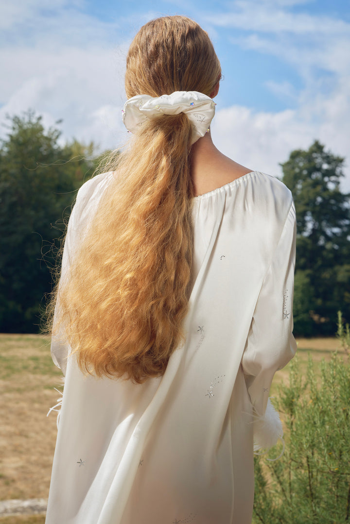 VEGA Collection Feathered Silk Rhinestone-Embellished Long Robe - White