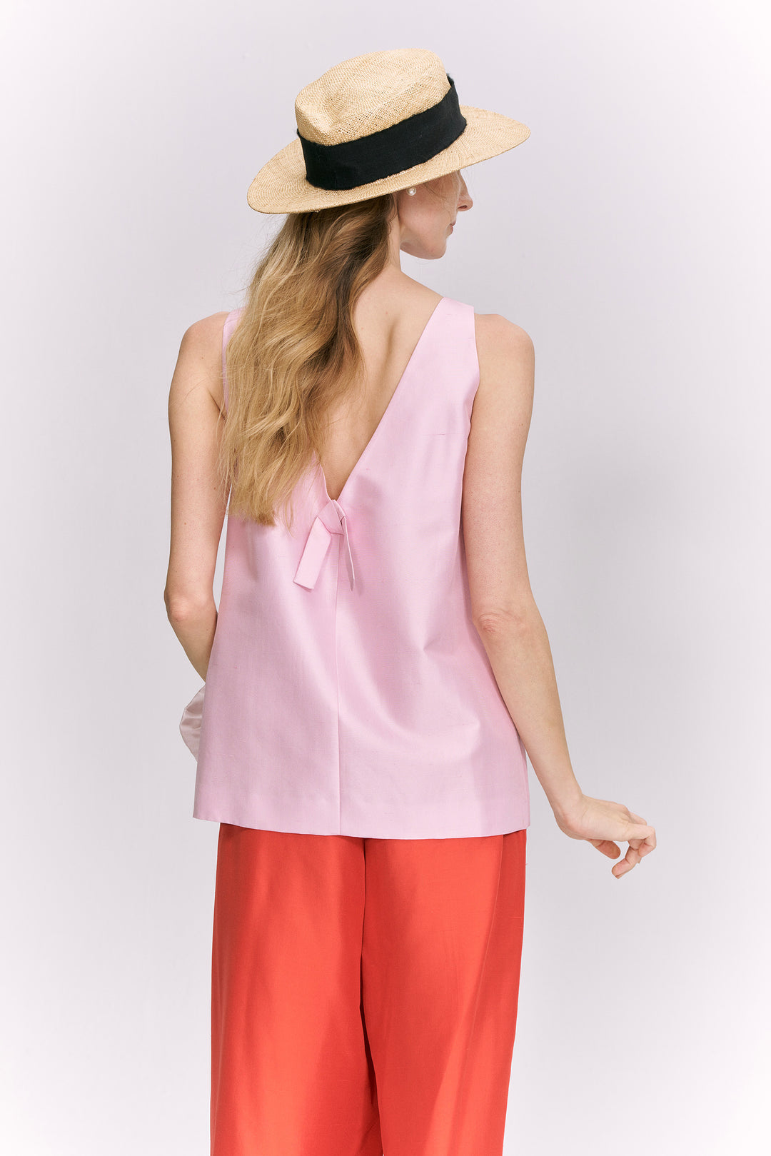 PAJA Farm Edit Dupion Silk Deep V-Back Top - Pink
