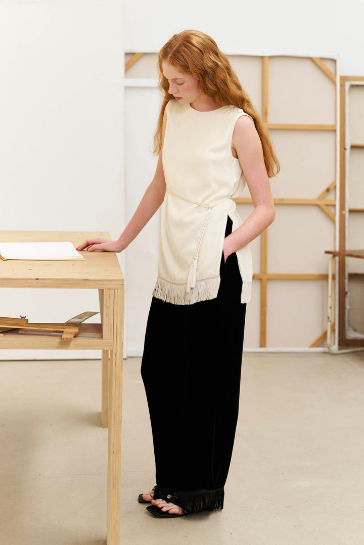 PAJA Summer Shimmer Silk Velvet Fringe-Trim Pants