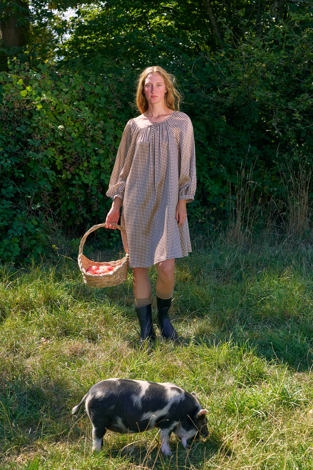 Farm Edit Silk Brown Plaid Print Long-Sleeve Dress