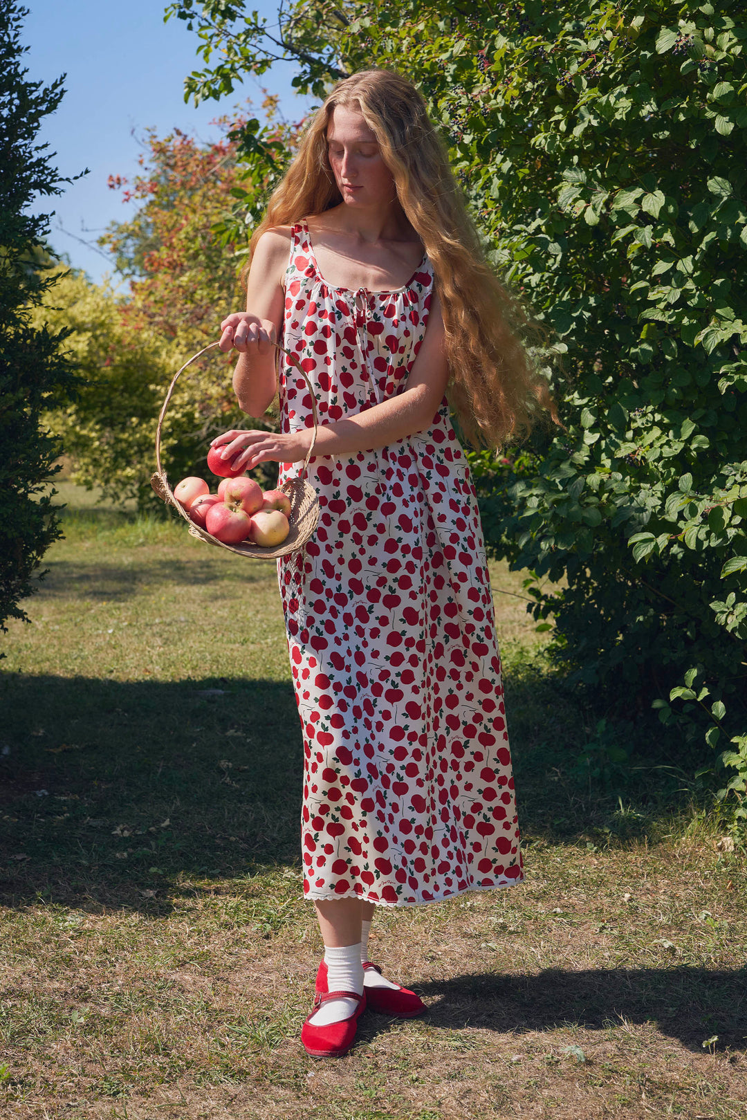 Farm Edit Red Turnip Print 22 Momme Silk Sleeveless Lace-Trim Dress