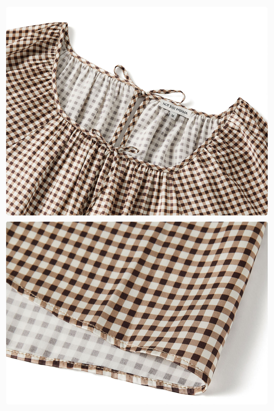 Farm Edit Silk Brown Plaid Print Long-Sleeve Dress