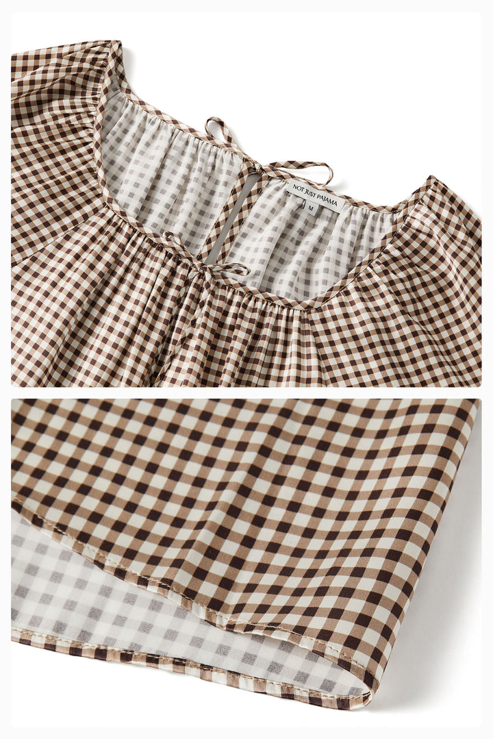 Farm Edit Silk Brown Plaid Print Long-Sleeve Dress