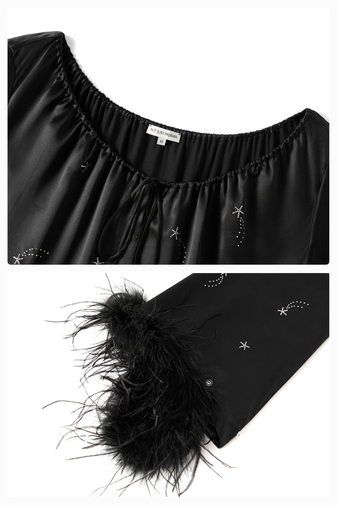 VEGA Collection Feathered Silk Rhinestone-Embellished Long Robe - Black