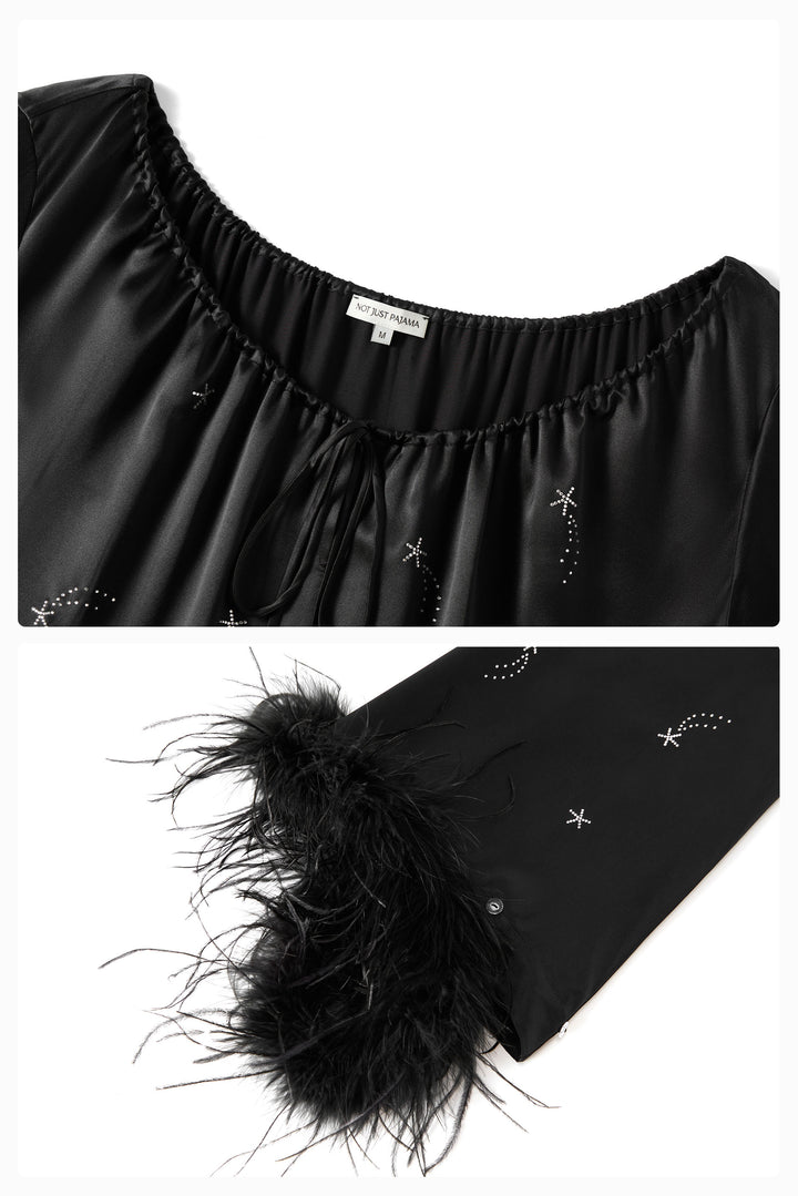 VEGA Collection Feathered Silk Rhinestone-Embellished Long Robe - Black