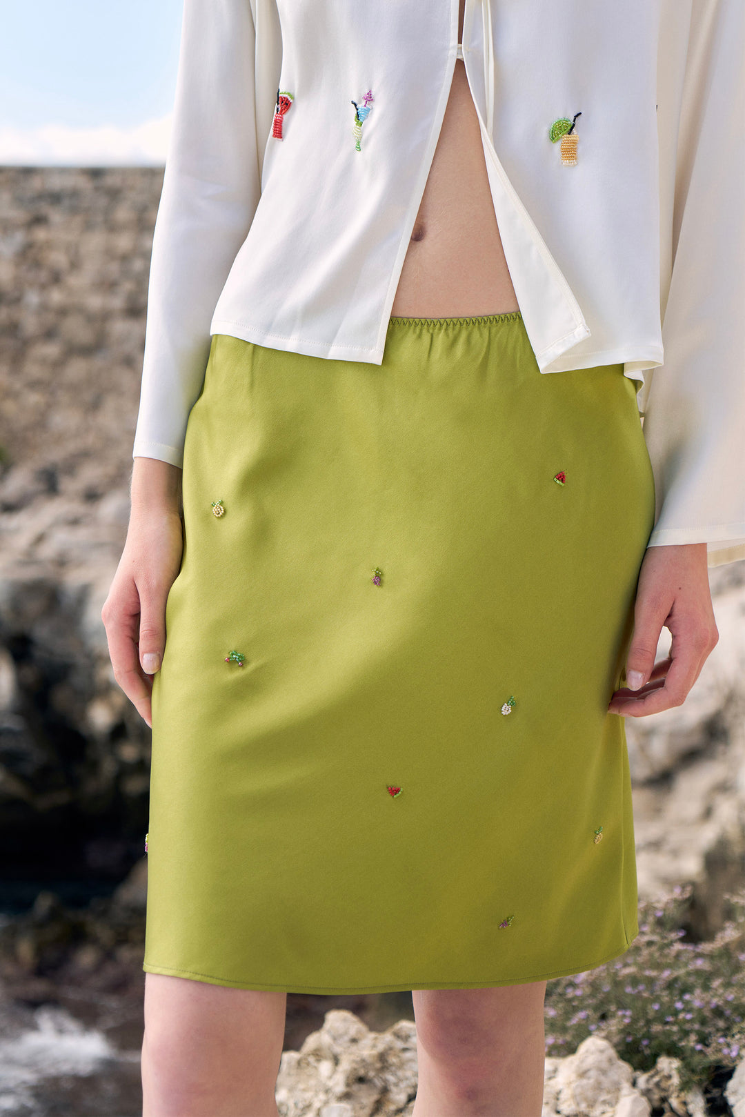 PAJA Beaded Summer Escapes Silk Midi Skirt - Green