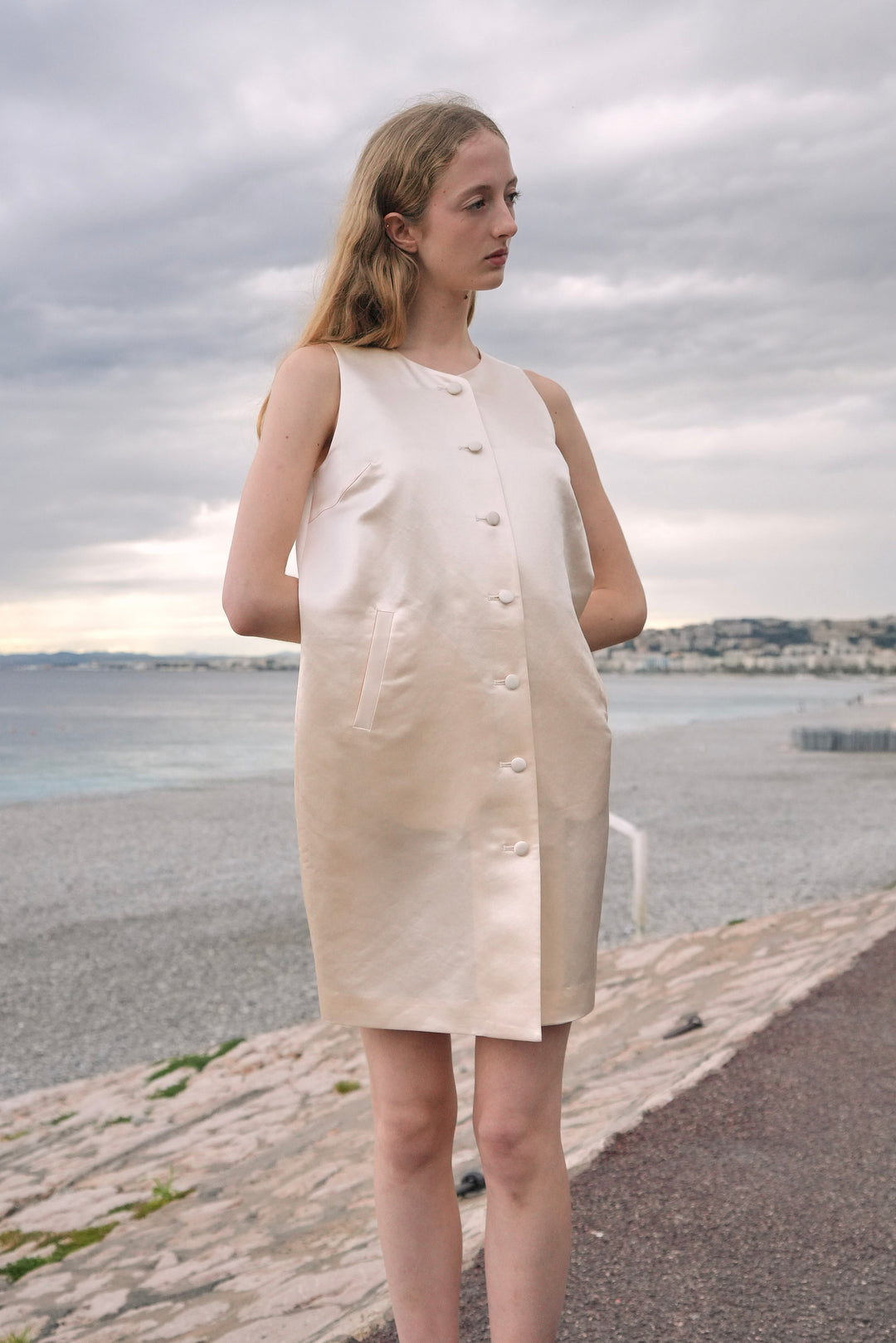 PAJA Dinner Hour Silk-Wool Satin V-Neck Vest Dress