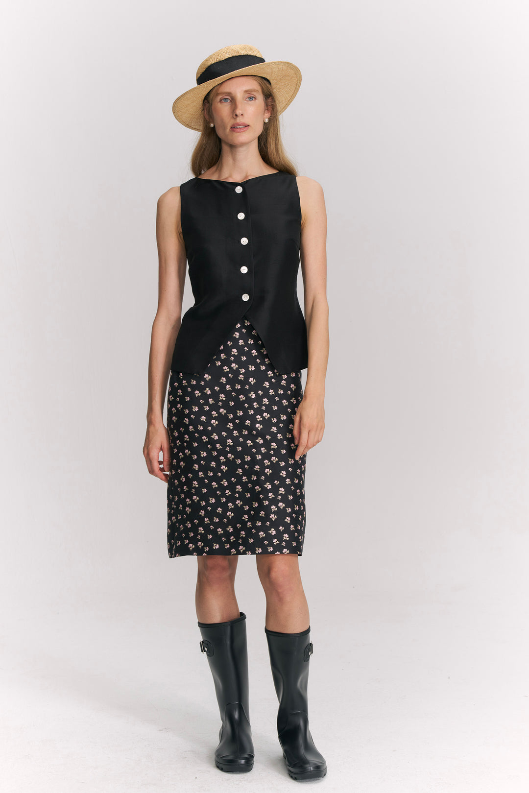 PAJA Farm Edit Dupion Silk Floral Print Midi Skirt - Black