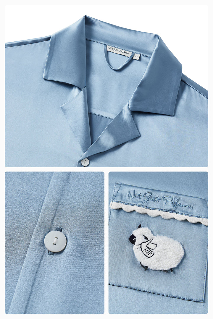 BUBU Collection Men's Silk Velour Edging Long Sleeve Pajama Set - Blue