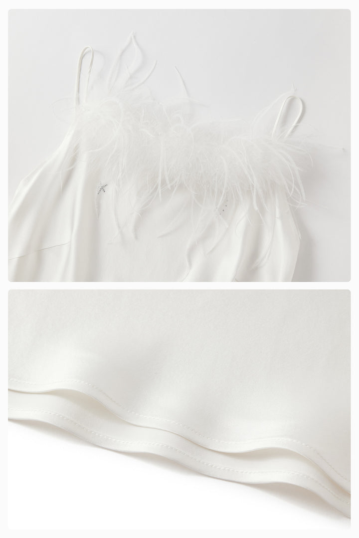 VEGA Collection Feathered Silk Rhinestone-Embellished Slip Dress - White