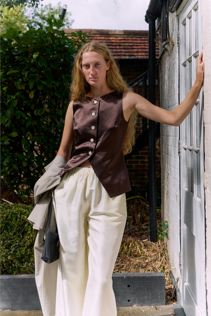 PAJA Farm Edit Waist-Tied Silk-Wool Satin Vest - Brown