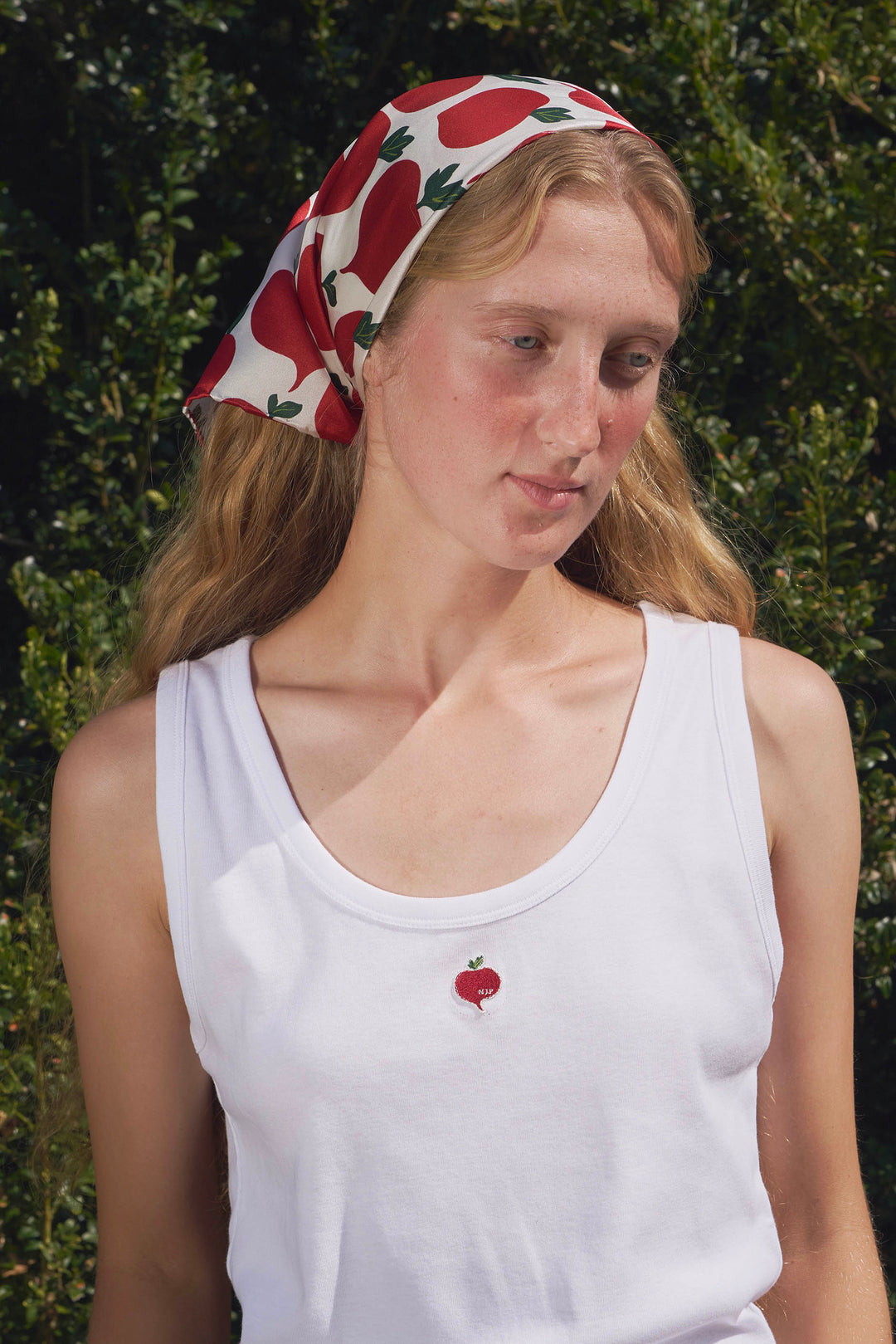 Farm Edit Red Turnip Print 22 Momme Silk Square Scarf