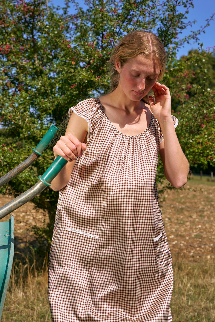Farm Edit Silk Brown Plaid Print Sleeveless Dress