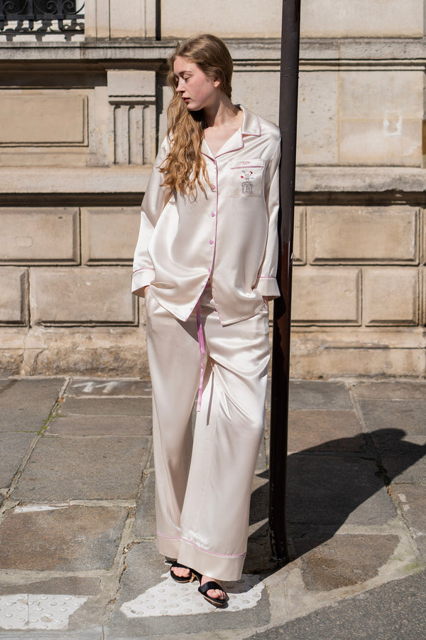 Museum of Crush — Embroidered Blush Pink Women's Long Pajama Set