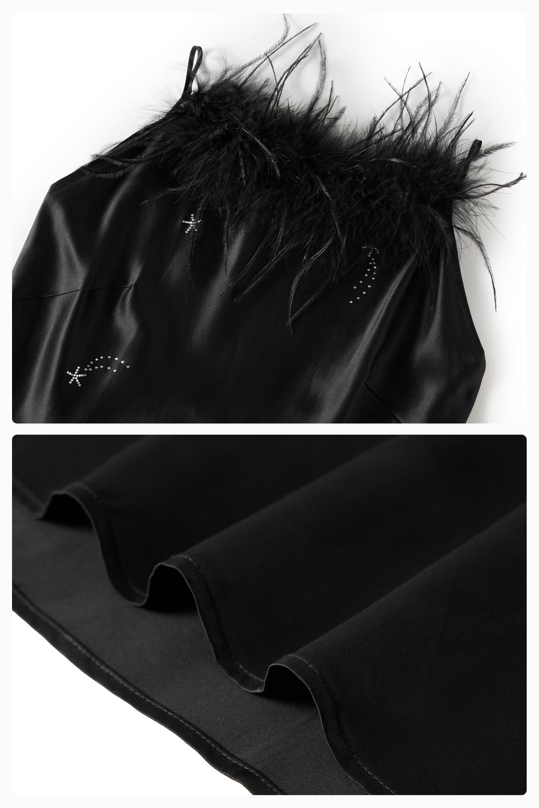 VEGA Collection Feathered Silk Rhinestone-Embellished Slip Dress - Black