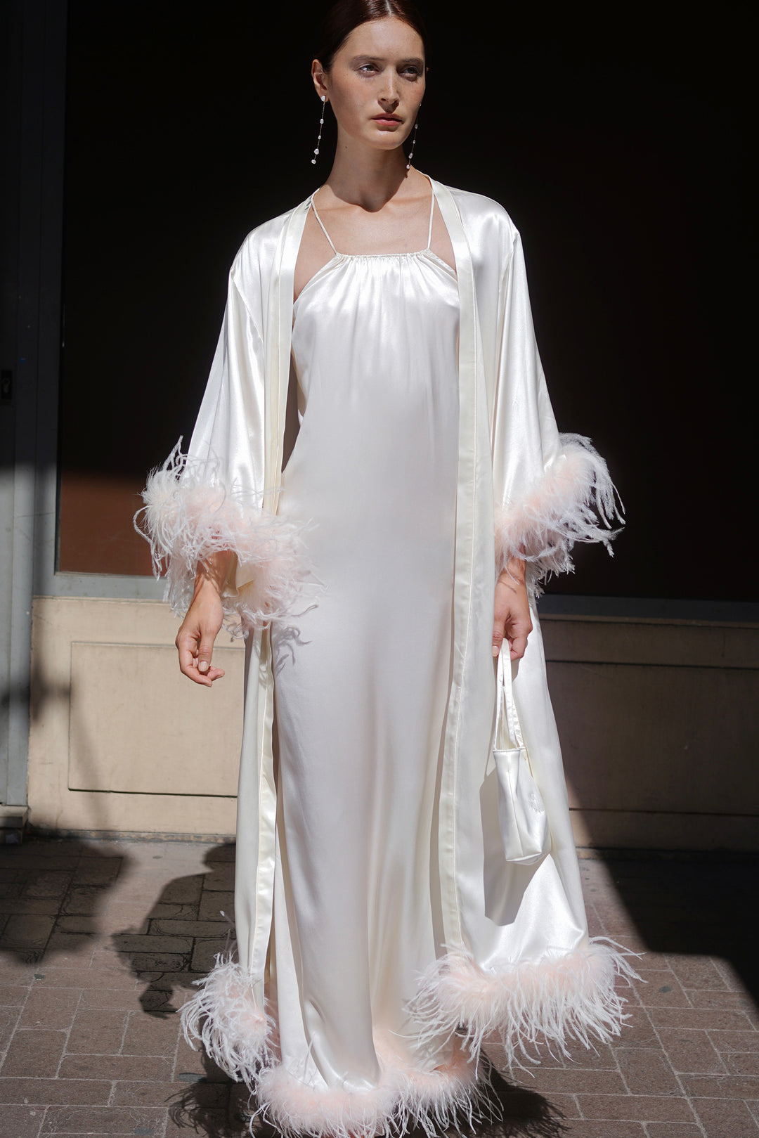 silk and feather dressing gown Luxury Bride Robe with Feather Trim