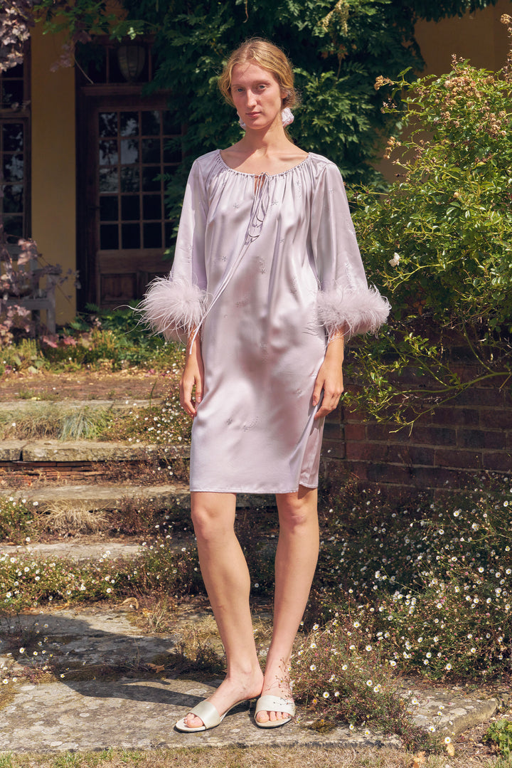 VEGA Collection Feathered Silk Rhinestone-Embellished Short Robe