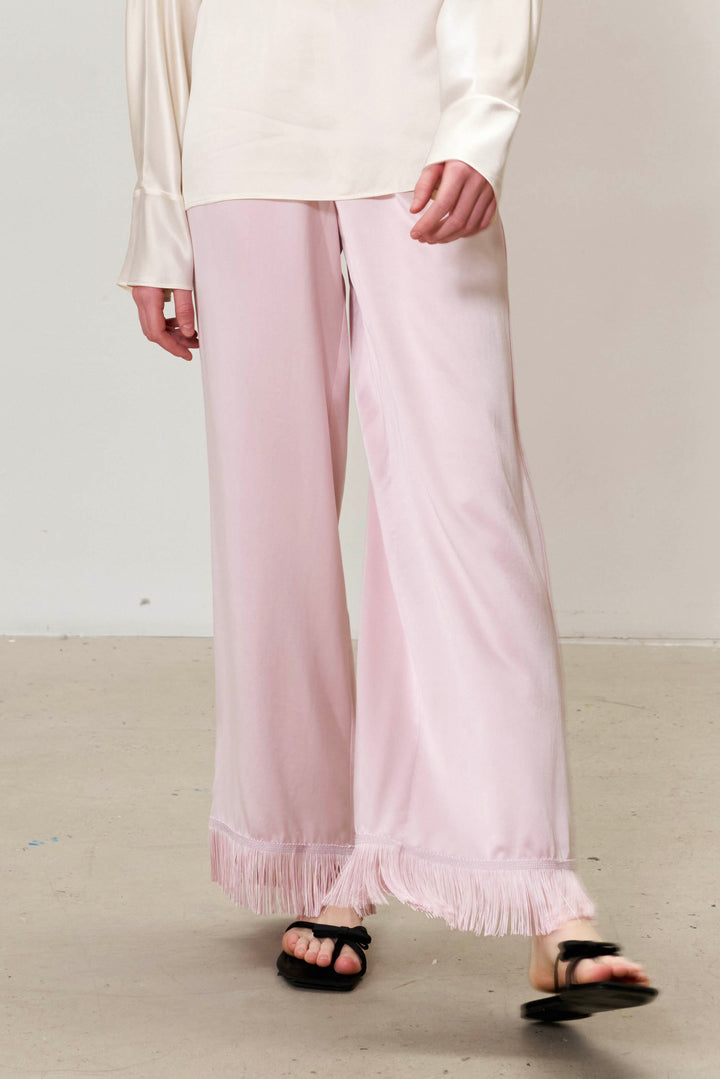 PAJA Summer Shimmer 25 Momme Silk Crepe Satin Fringe-Trim Pants