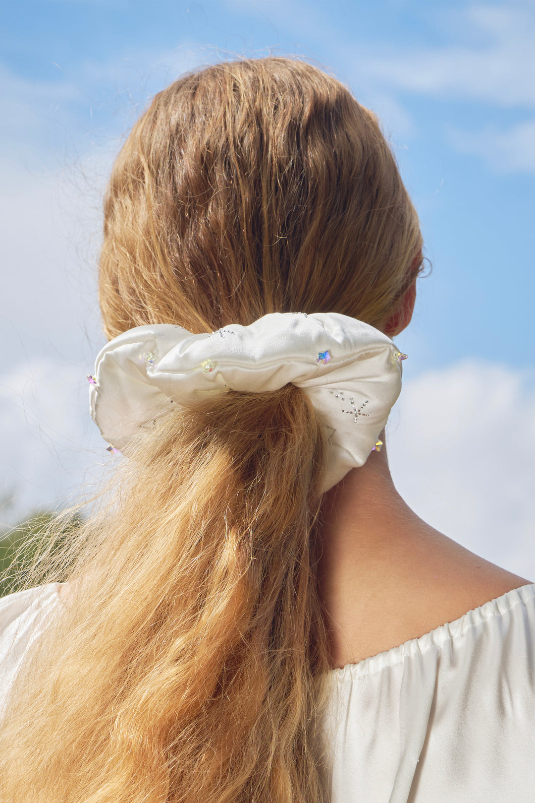 VEGA Collection Feathered Silk Rhinestone-Embellished Scrunchies - White