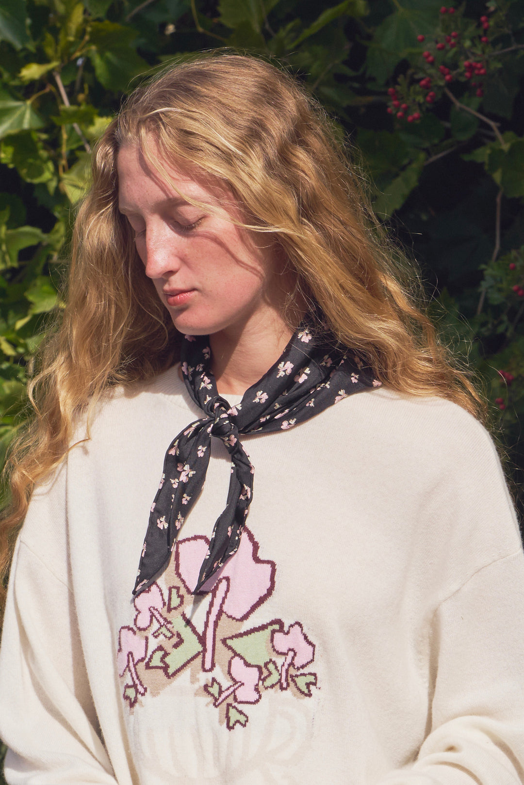 PAJA Farm Edit Dupion Silk Floral Print Triangle Scarf - Black