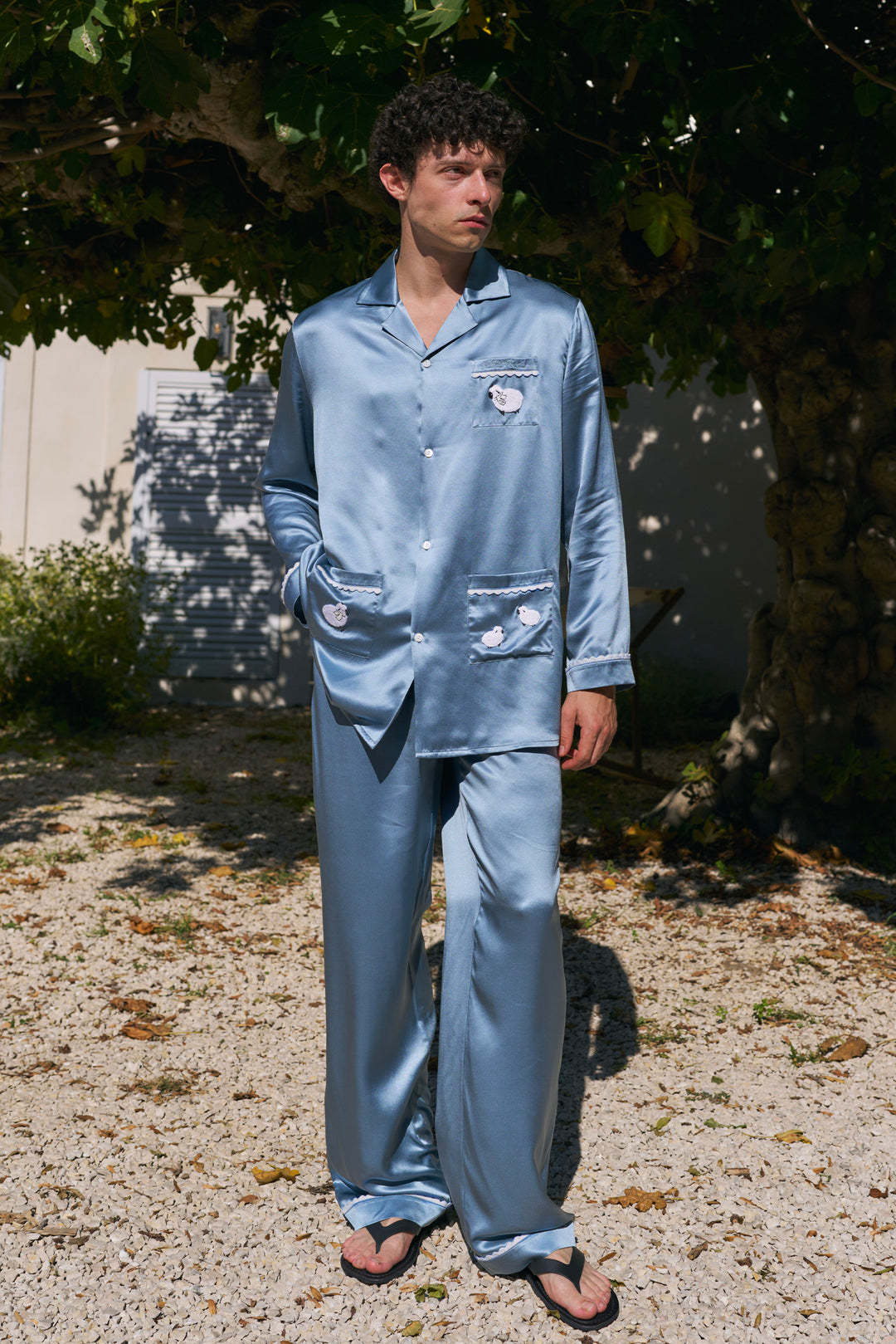 BUBU Collection Men's Silk Velour Edging Long Sleeve Pajama Set - Blue