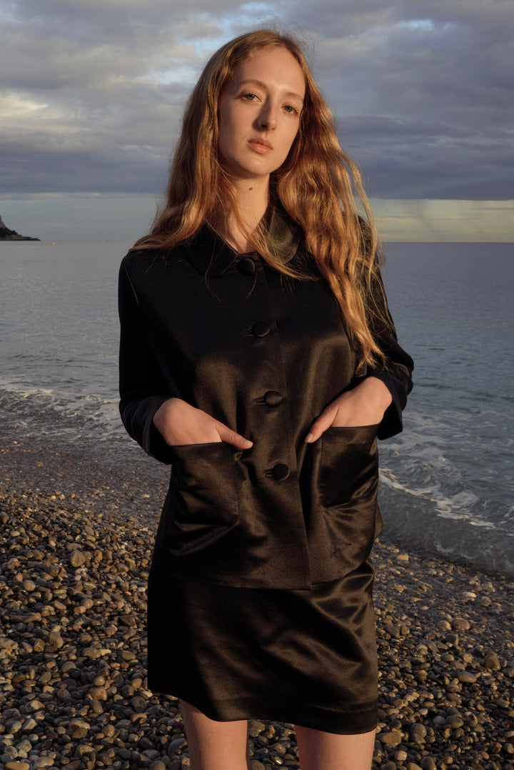 PAJA Dinner Hour Silk-Wool Satin Black Jacket