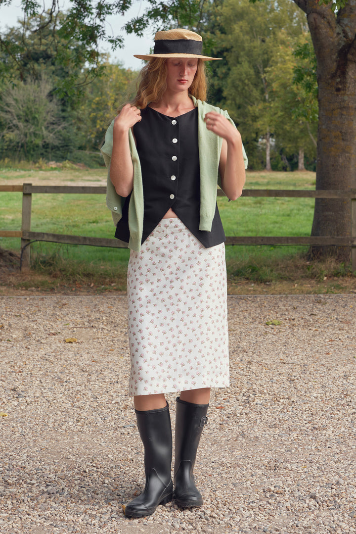 PAJA Farm Edit Dupion Silk Floral Print Midi Skirt - White