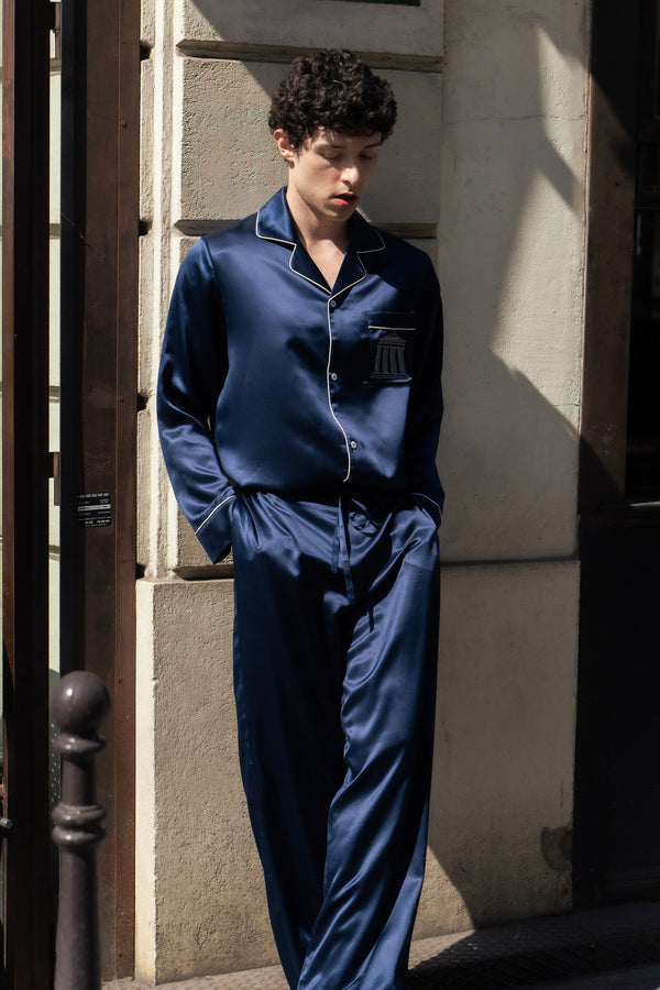 Museum of Crush — Embroidered Navy Blue Men’s Long Pajama Set