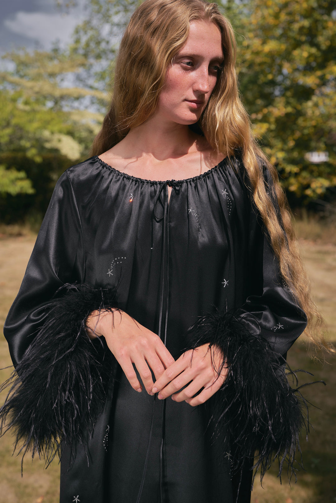 VEGA Collection Feathered Silk Rhinestone-Embellished Long Robe - Black
