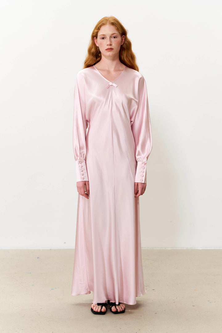 PAJA Summer Shimmer Bias-Cut 25 Momme Silk Crepe Satin V-Neck Long Dress