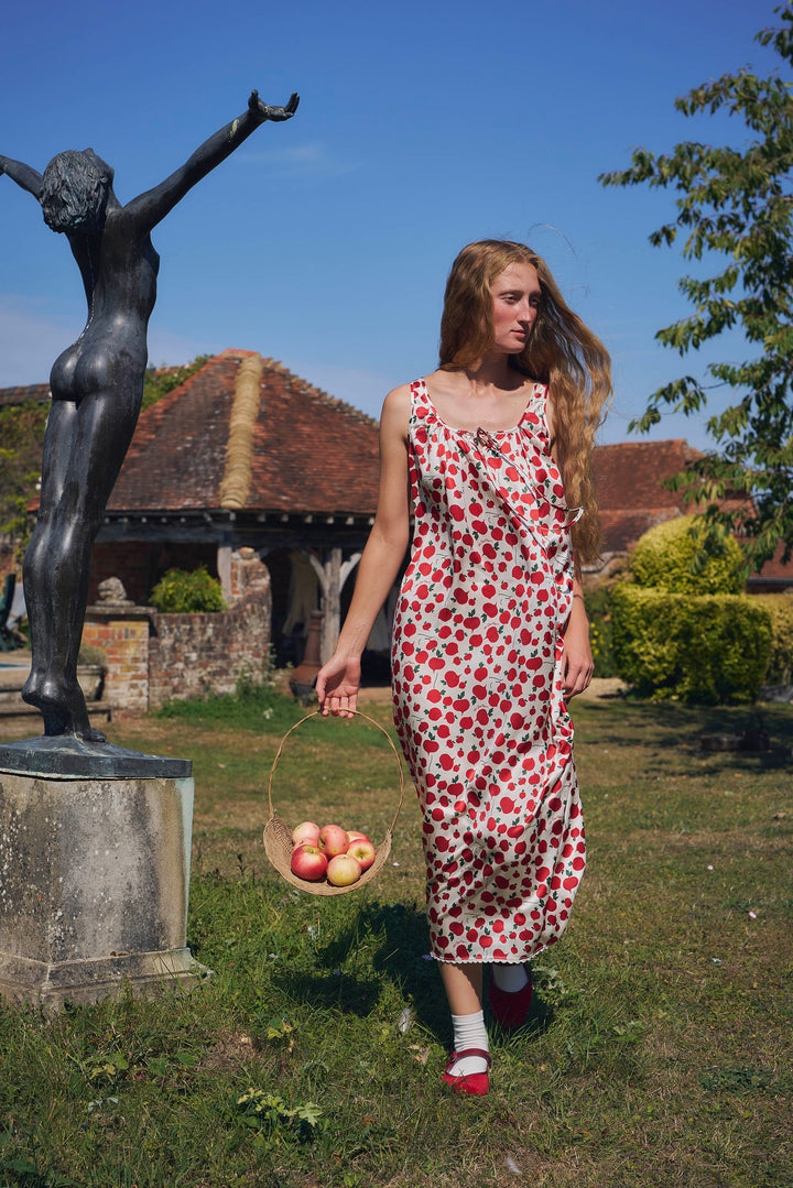 Farm Edit Red Turnip Print 22 Momme Silk Sleeveless Lace-Trim Dress