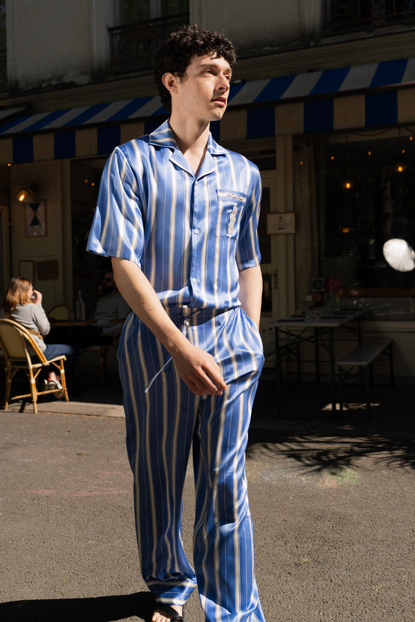 Museum of Crush — Blue Striped Men’s Short Sleeve & Long Pants Pajama Set