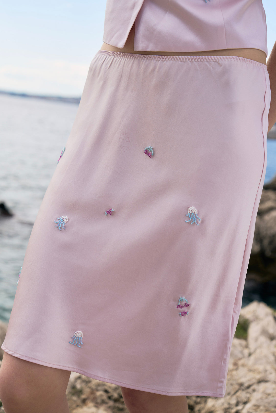 PAJA Beaded Summer Escapes Silk Midi Skirt - Pink