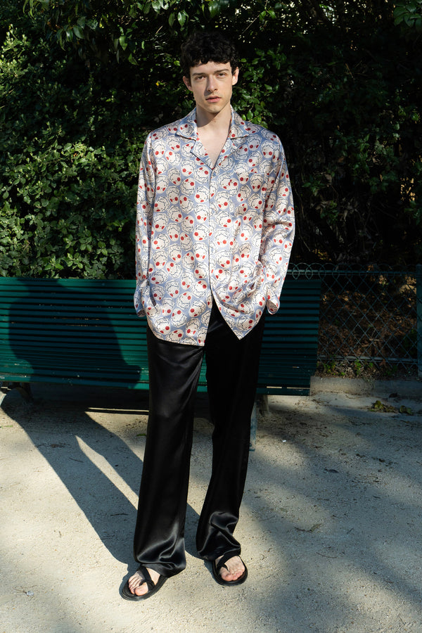 Museum of Crush Angel Print Men's Silk Long Pajama Set - Light Blue