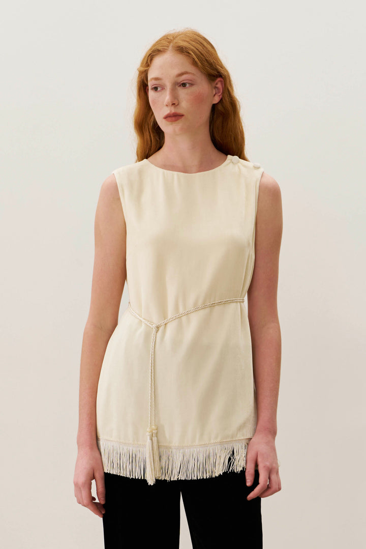 PAJA Summer Shimmer Silk Velvet Fringe-Trim Vest Top