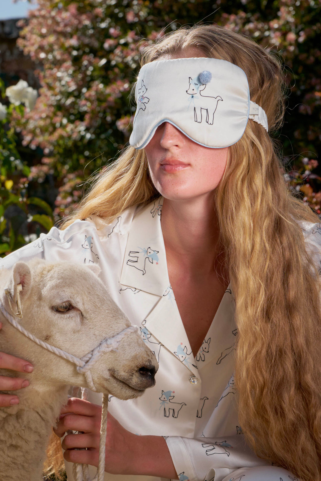 Bubbie 22 Momme Silk Printed Rhinestone Pom-Pom Eye Mask
