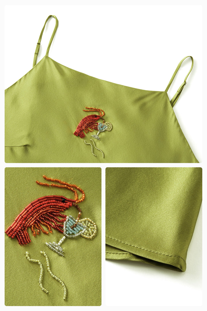 PAJA Beaded Summer Escapes Silk Slip Dress - Green