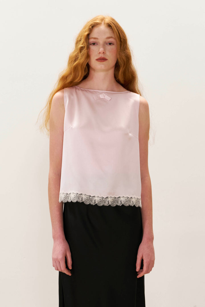 PAJA 25 Momme Silk Crepe Satin Lace-Trim Tank Top