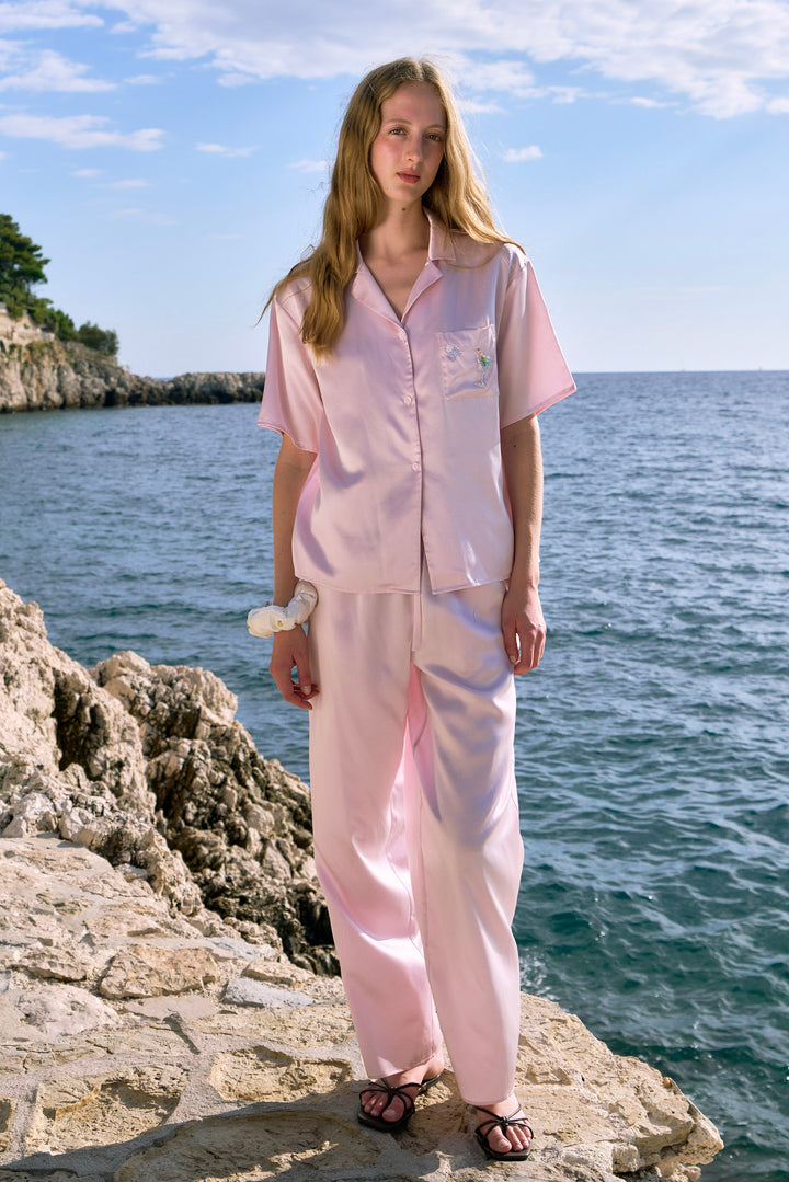 PAJA Beaded Summer Escapes Silk Short Sleeve & Long Pants Set - Pink