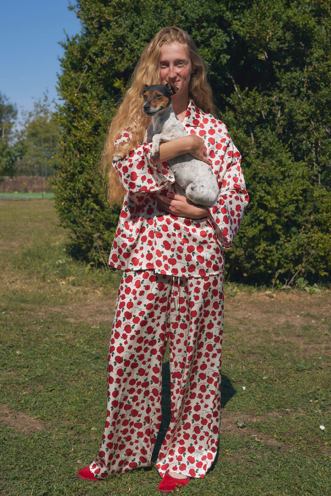 Farm Edit Red Turnip Print 22 Momme Silk Long-Sleeve Pajama Set
