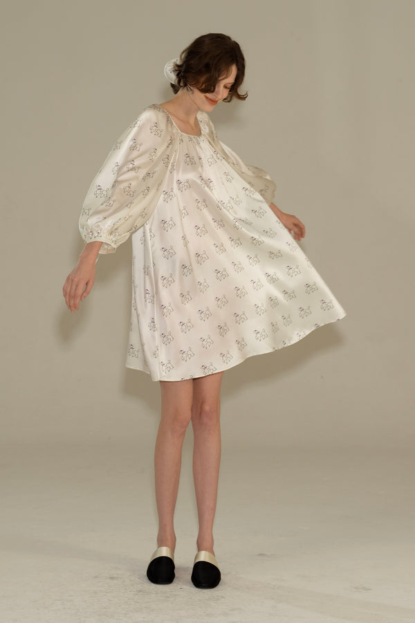 Puppy Edition Diamond Poodles Print Silk Puff Sleeve Dress