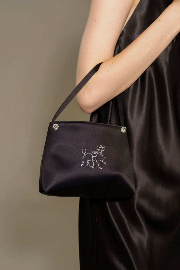 Puppy Edition Diamond Poodles Silk Handbag - Rich Black